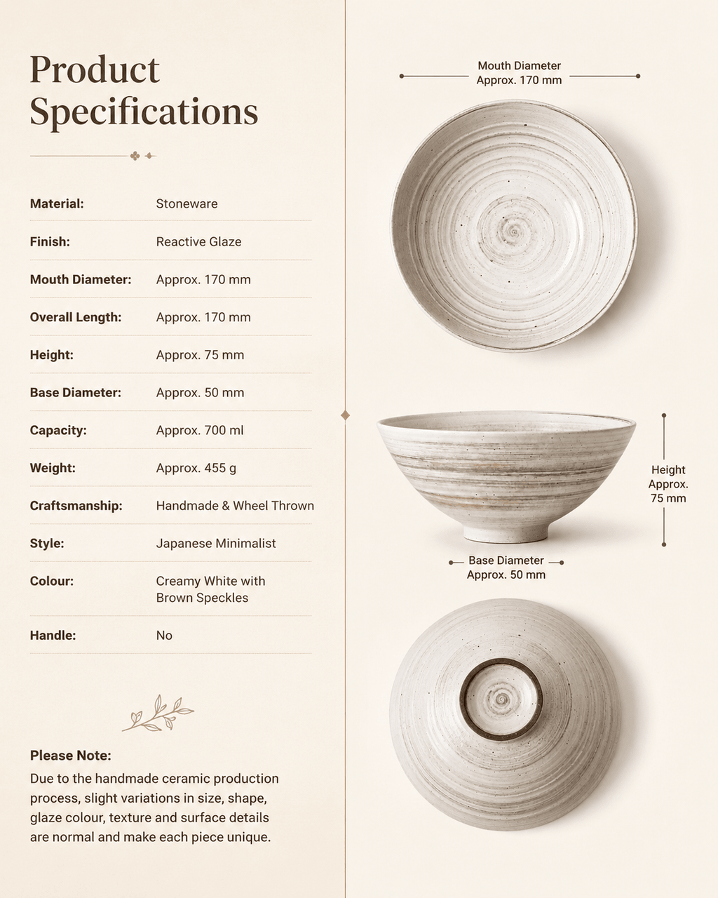 Product specifications for handmade cream speckled stoneware serving bowl, 17 cm diameter and 700 ml capacity