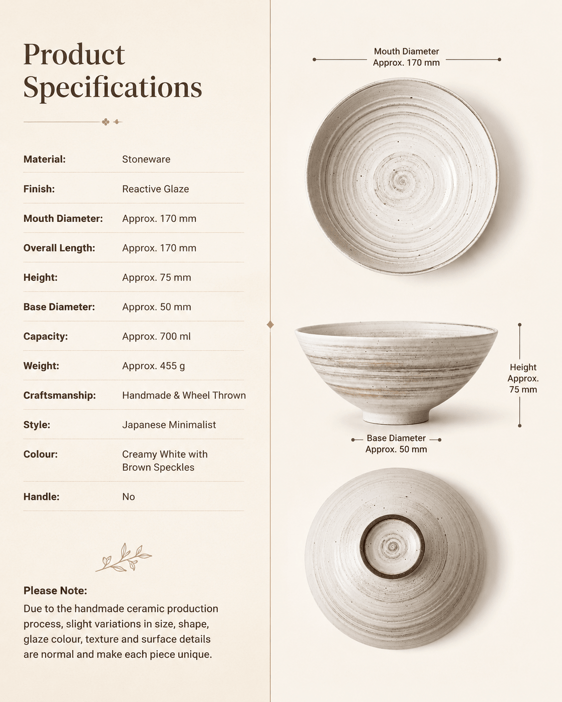 Product specifications for handmade cream speckled stoneware serving bowl, 17 cm diameter and 700 ml capacity