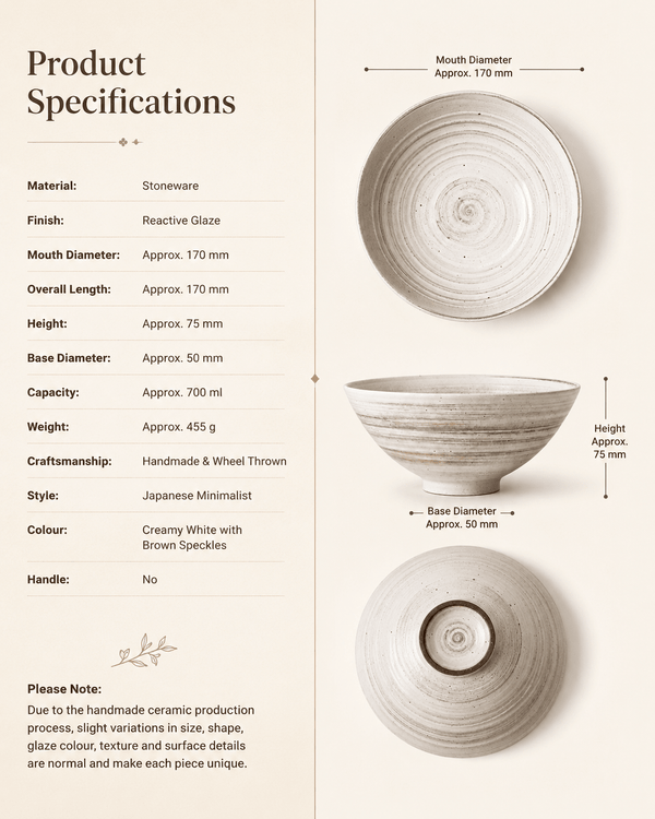 Product specifications for handmade cream speckled stoneware serving bowl, 17 cm diameter and 700 ml capacity