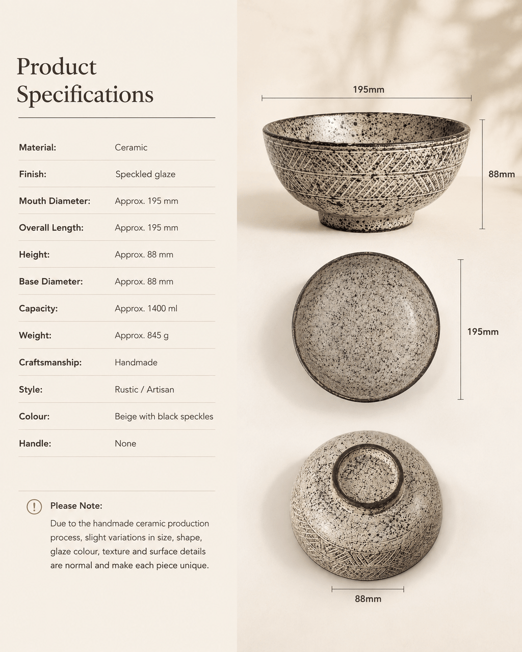 Product specifications for handmade speckled stoneware serving bowl, 195 mm diameter and 1400 ml capacity