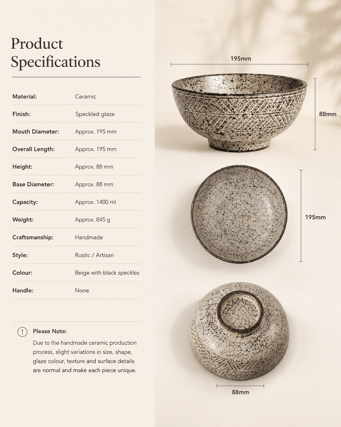 Product specifications for handmade speckled stoneware serving bowl, 195 mm diameter and 1400 ml capacity