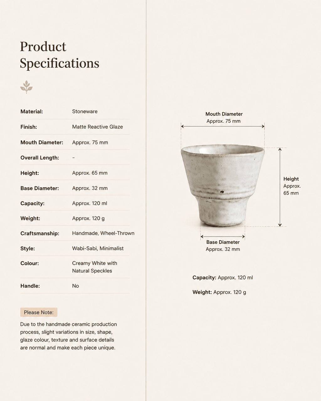 handmade-speckled-white-stoneware-yunomi-tea-cup-specifications