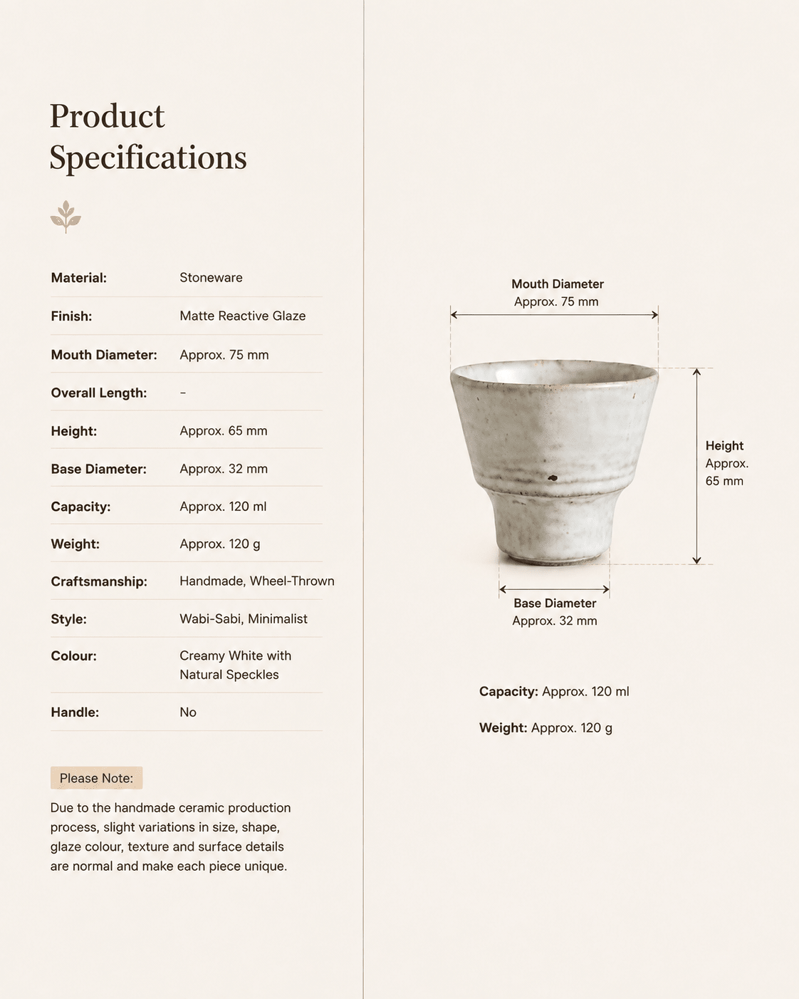 handmade-speckled-white-stoneware-yunomi-tea-cup-specifications