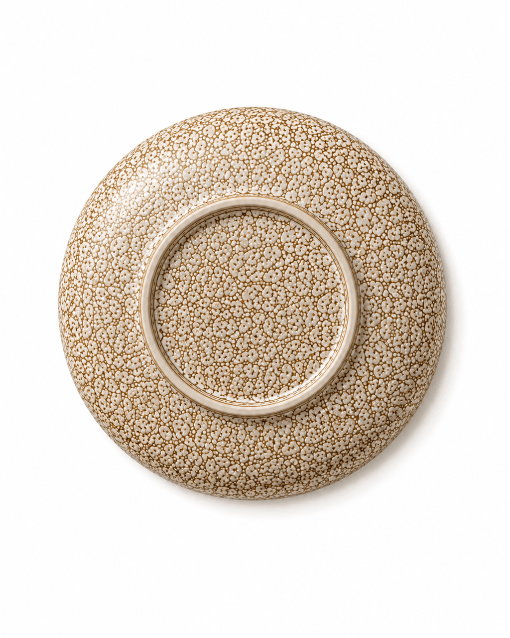 Handmade brown and cream speckled stoneware dinner plate bottom view showing foot ring