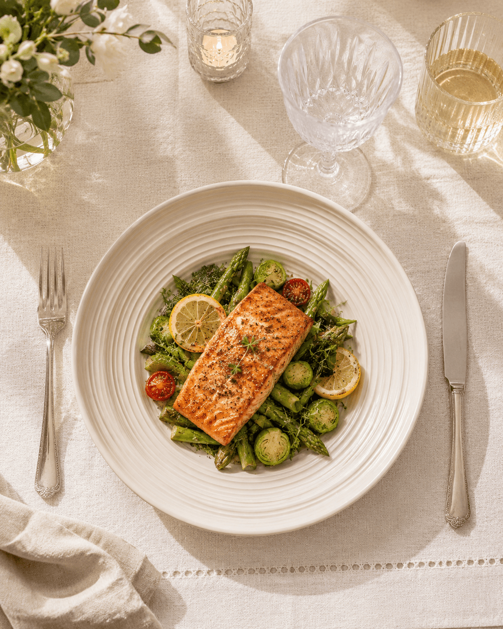 Handmade ivory stoneware pasta bowl served with salmon and vegetables on an elegant dining table