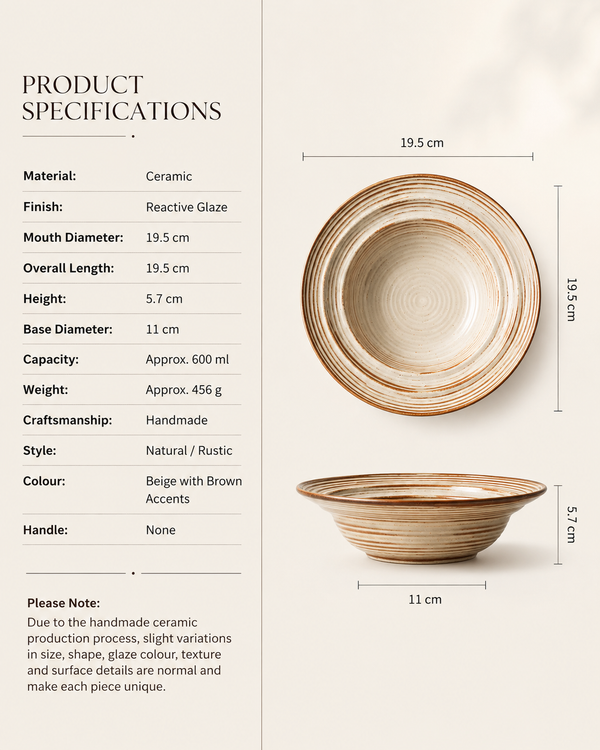 Product specifications for handmade striped reactive glaze ceramic pasta bowl measuring 19.5 cm wide and 5.7 cm high with 600 ml capacity
