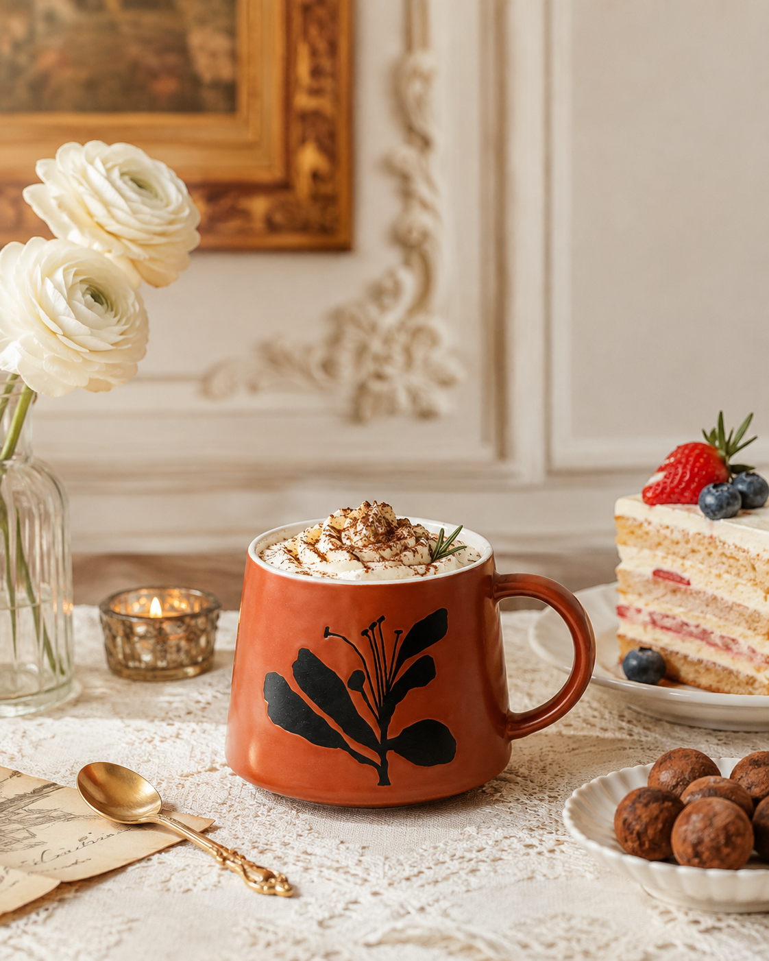 Handmade terracotta botanical ceramic coffee mug with a black floral design, styled with coffee and desserts in a warm European table setting