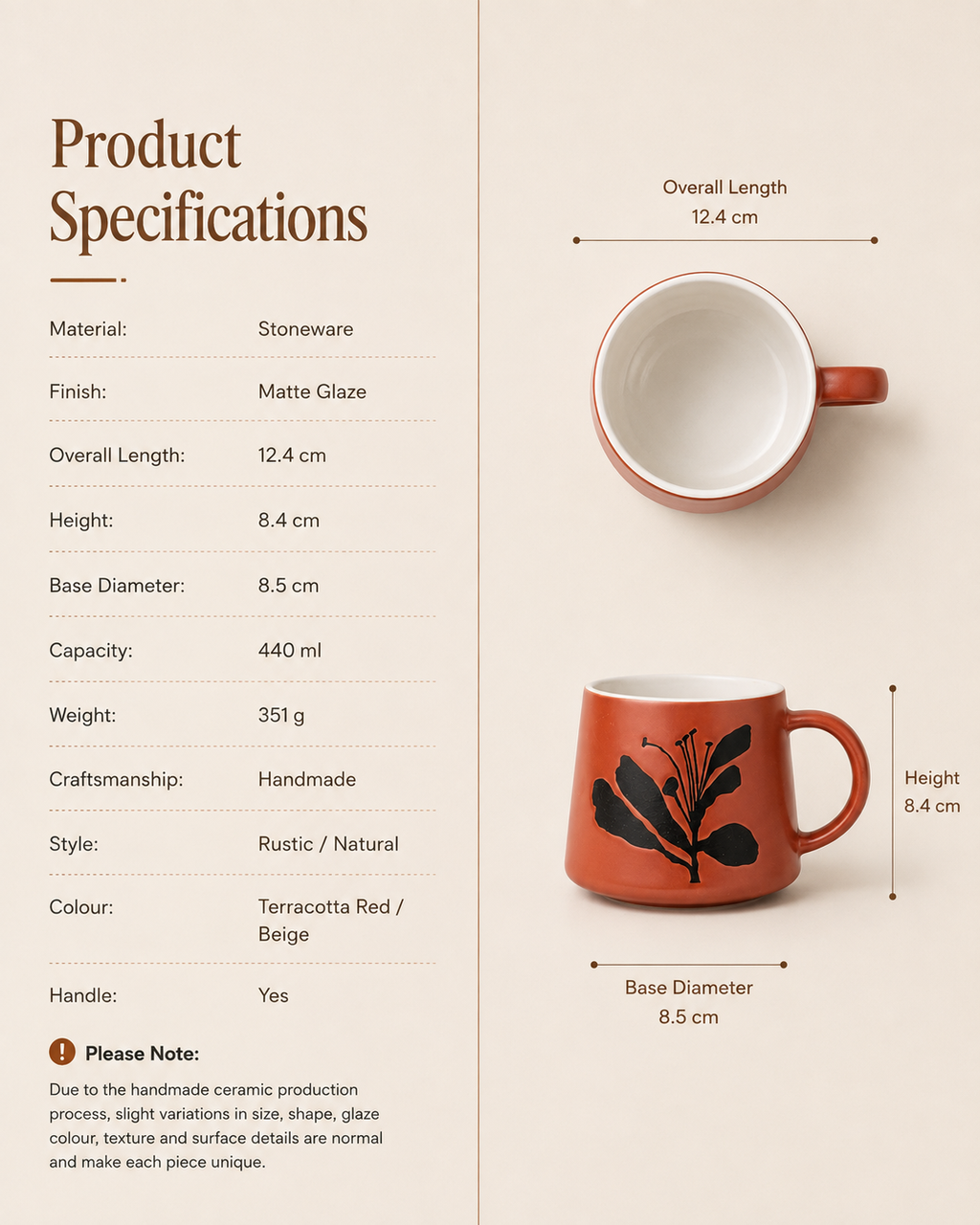 Handmade terracotta botanical coffee mug specifications showing 12.4 cm overall length, 8.4 cm height, 8.5 cm base diameter and 440 ml capacity