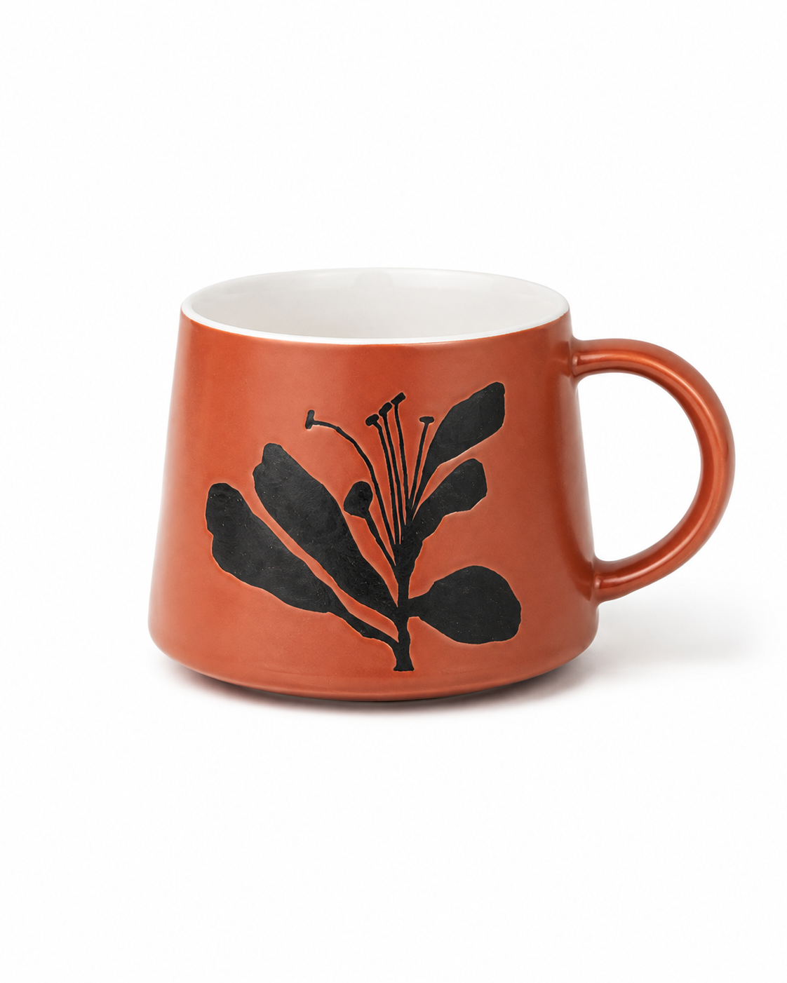 Handmade terracotta stoneware coffee mug with black botanical floral design, white glazed interior and ceramic handle Main image