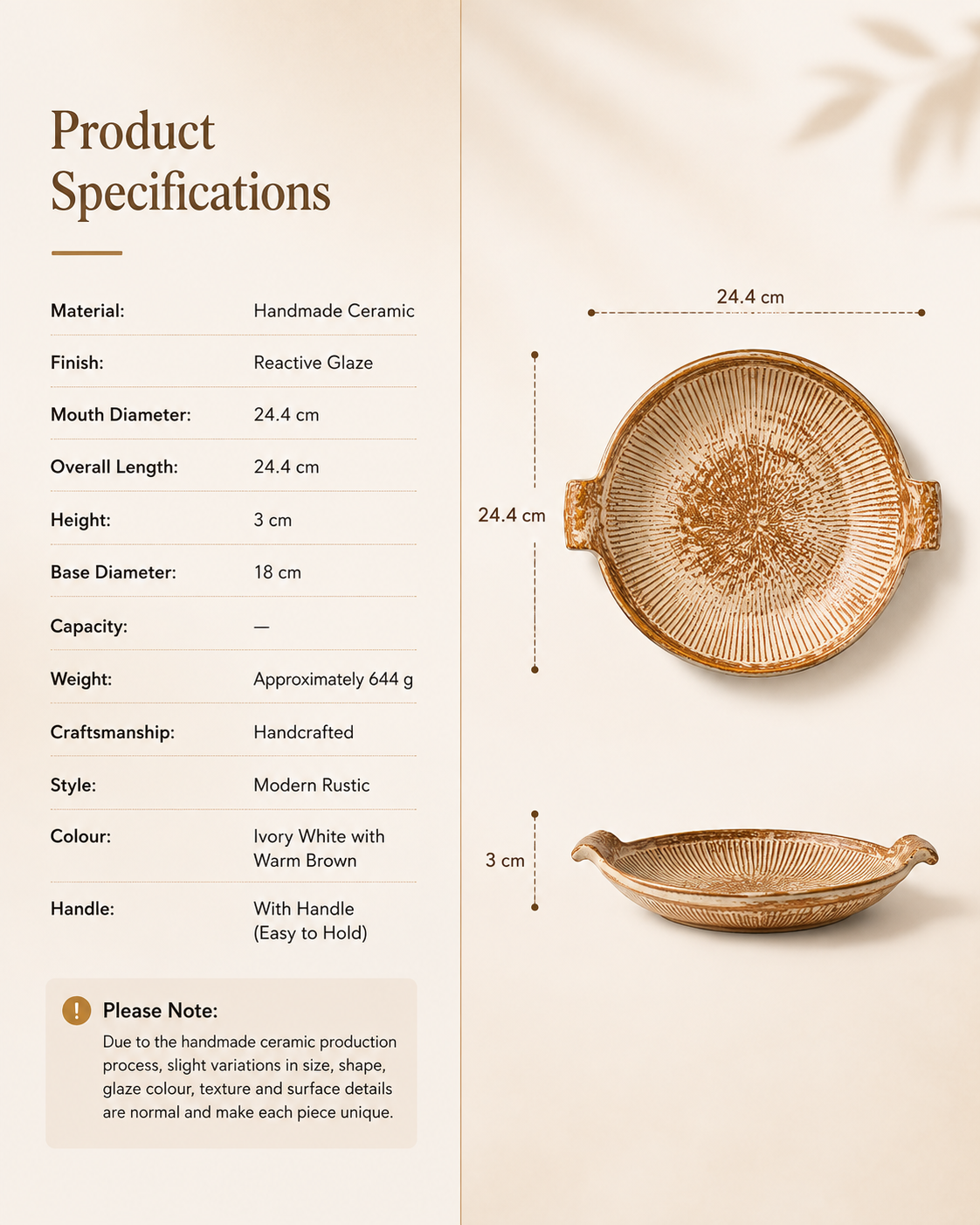 Product specifications and dimensions for a handmade textured ceramic serving platter with handles, measuring 24.4 cm wide and 3 cm high