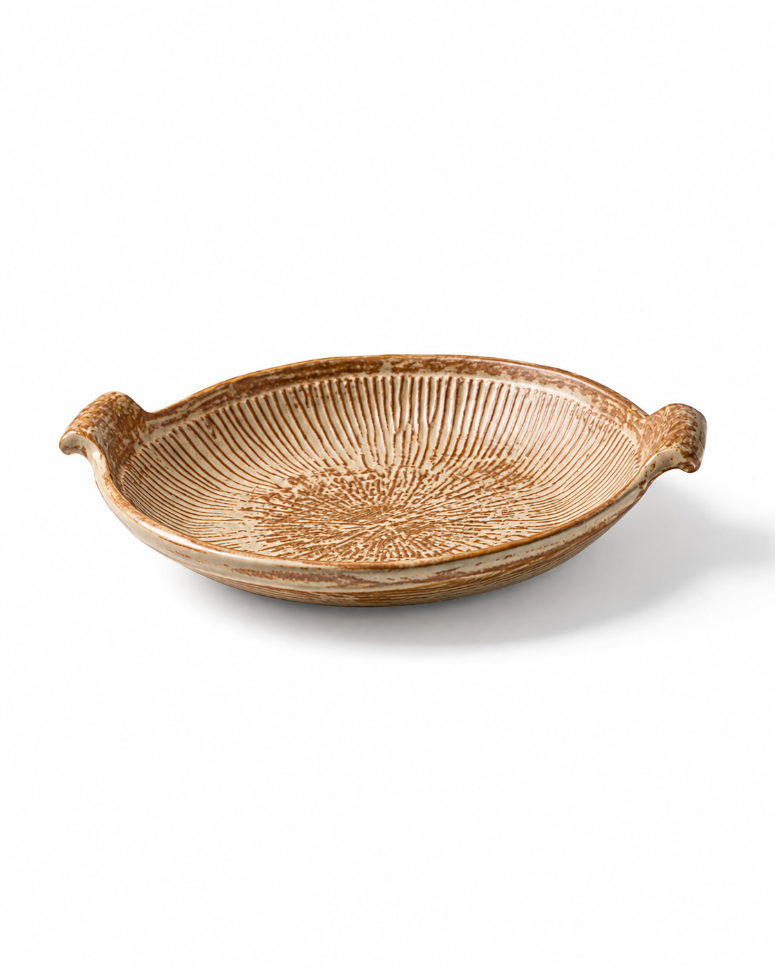 Side view of a handmade textured ceramic serving platter with two handles and warm brown reactive glaze detailing Main image