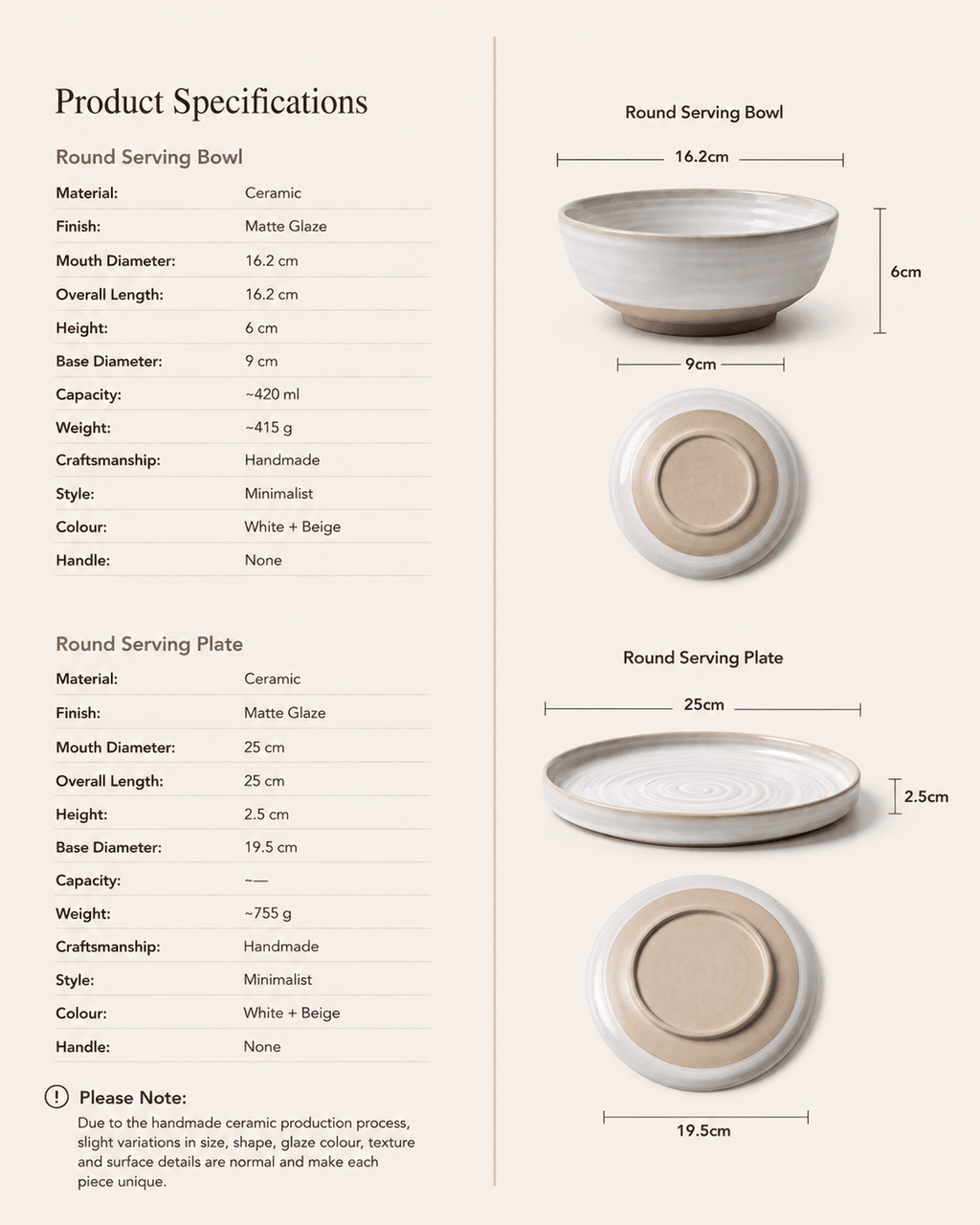 Product specifications for handmade white and beige ceramic bowl and dinner plate set with dimensions, capacity and weight