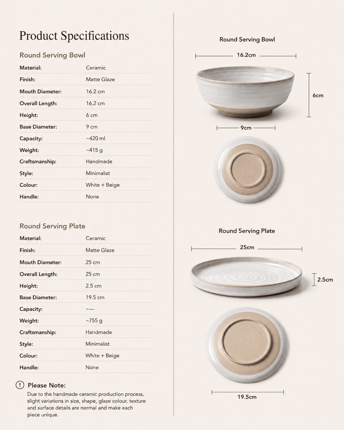 Product specifications for handmade white and beige ceramic bowl and dinner plate set with dimensions, capacity and weight