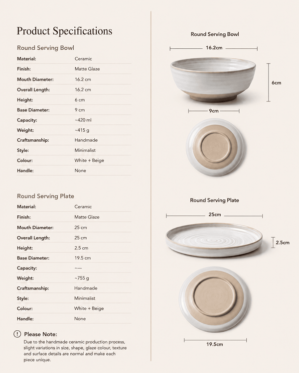 Product specifications for handmade white and beige ceramic bowl and dinner plate set with dimensions, capacity and weight