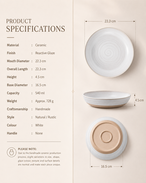 Product specifications for handmade white reactive glaze ceramic pasta bowl measuring 22.3 cm diameter and 4.5 cm high with 540 ml capacity
