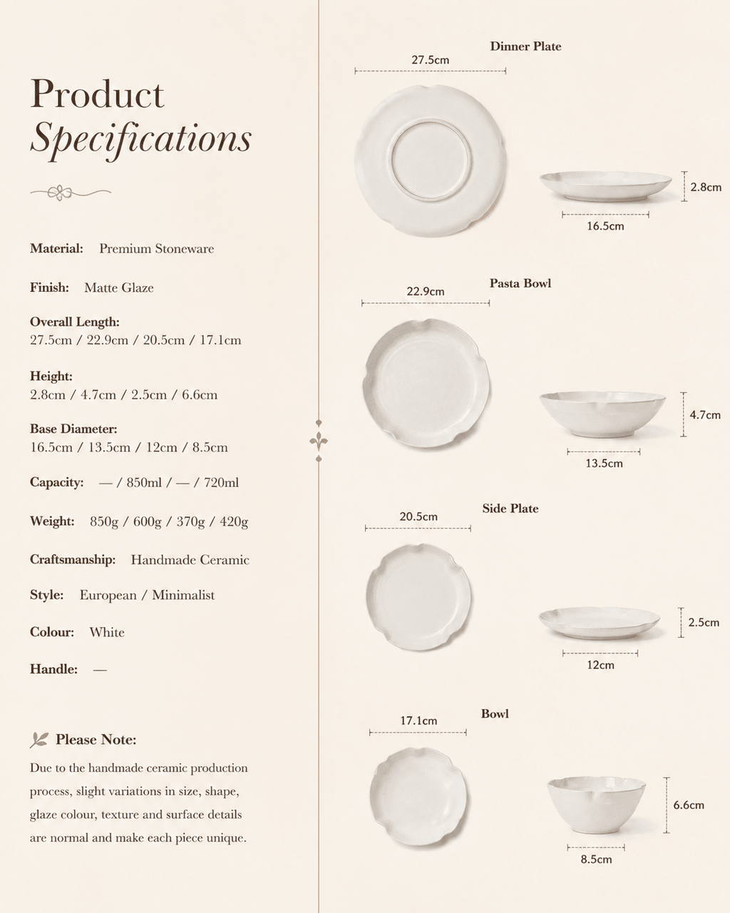 Handmade White Scalloped Ceramic Dinnerware Set
