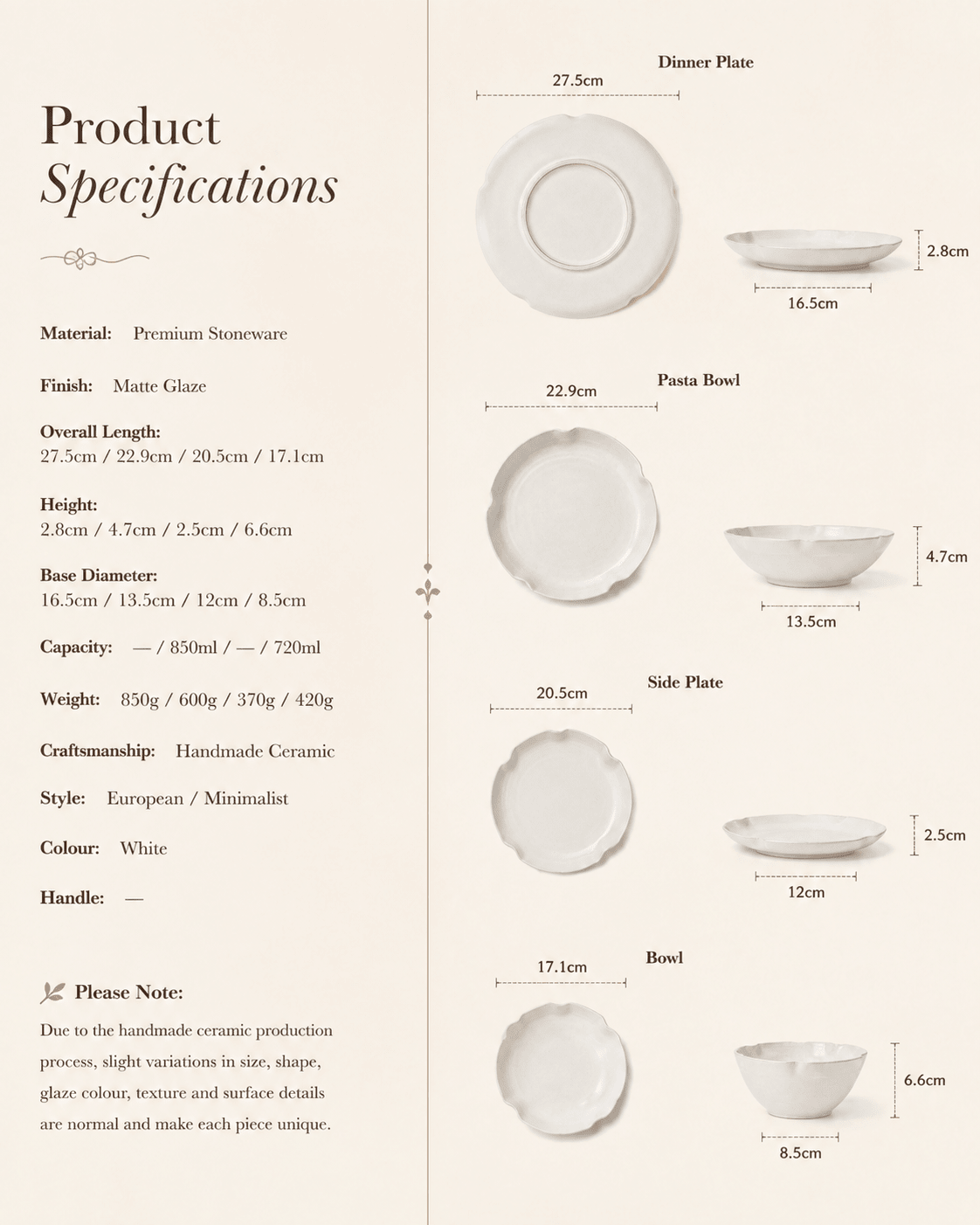 Handmade White Scalloped Ceramic Dinnerware Set