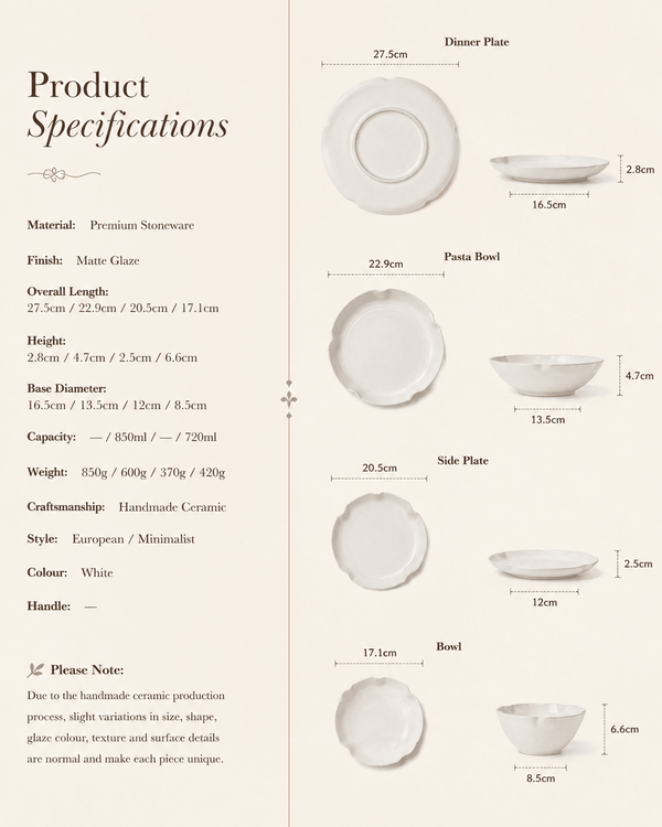 Handmade White Scalloped Ceramic Dinnerware Set