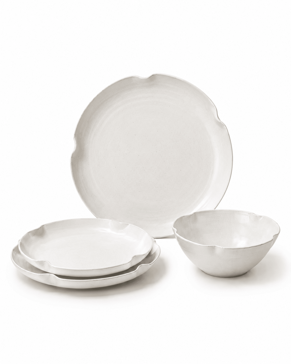 Handmade white scalloped ceramic dinnerware set with dinner plate, side plates and bowl Main image