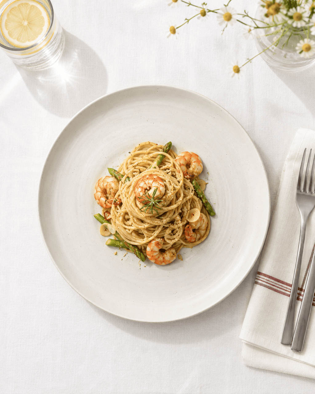 Handmade white speckled ceramic dinner plate with shrimp pasta on a white table