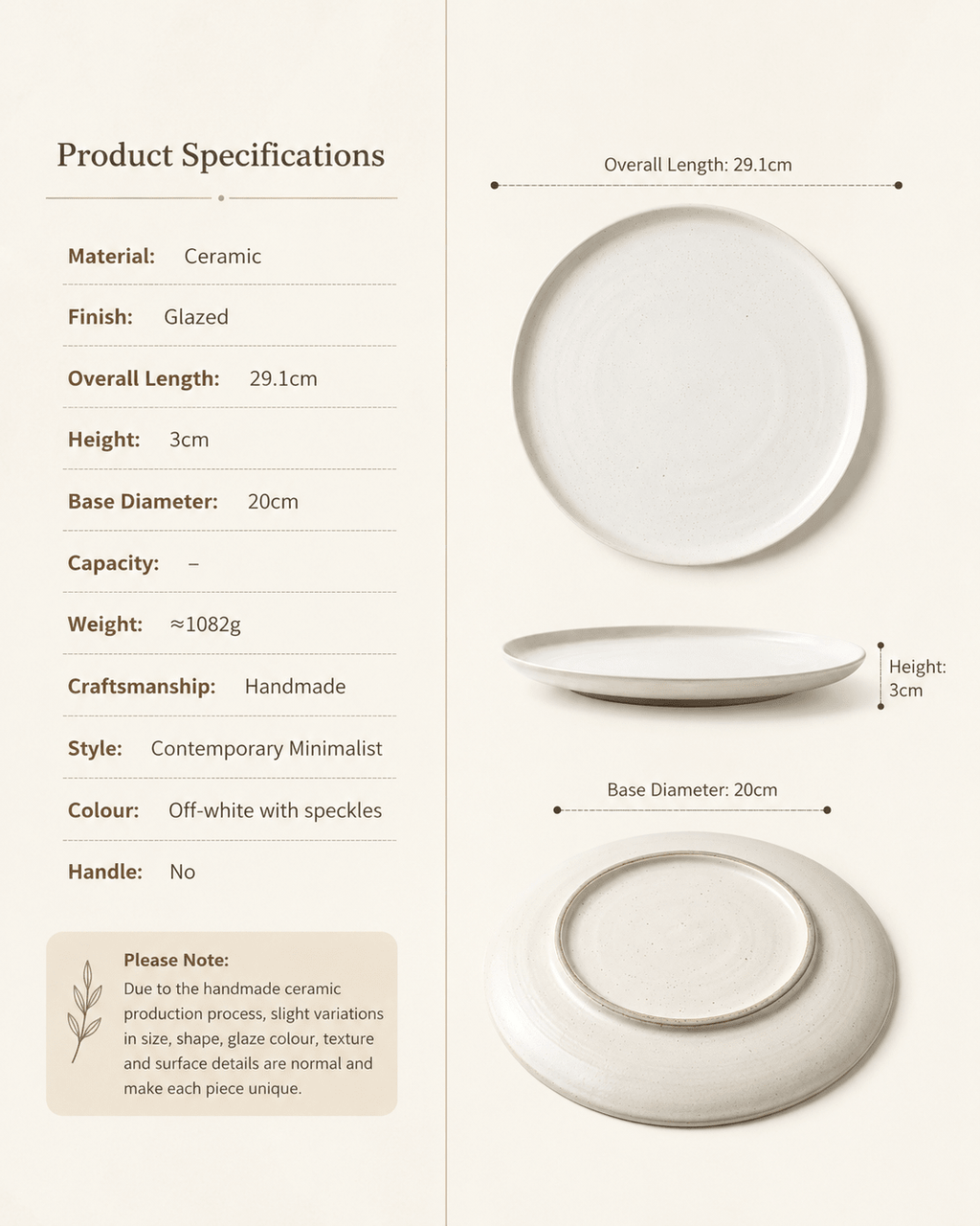 Handmade white speckled ceramic dinner plate specifications showing 29.1cm diameter and 3cm height