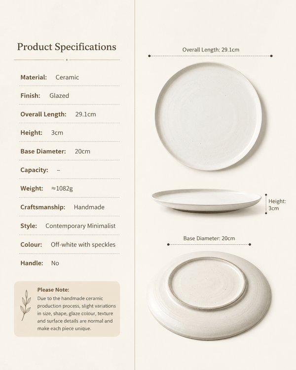 Handmade white speckled ceramic dinner plate specifications showing 29.1cm diameter and 3cm height