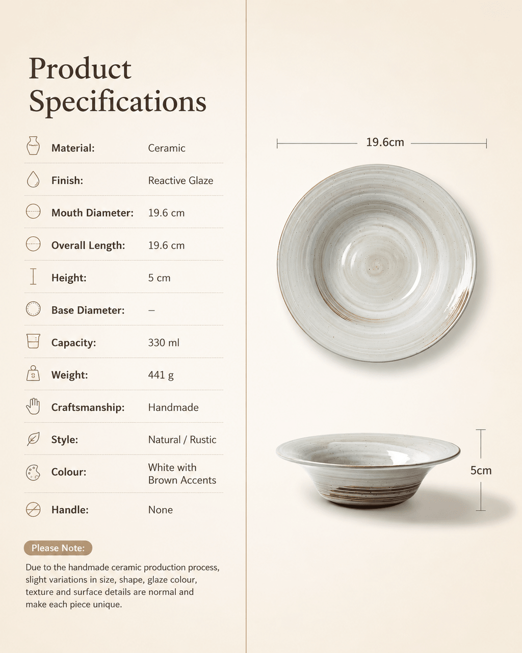 handmade-white-speckled-reactive-glaze-ceramic-pasta-bowl-specifications