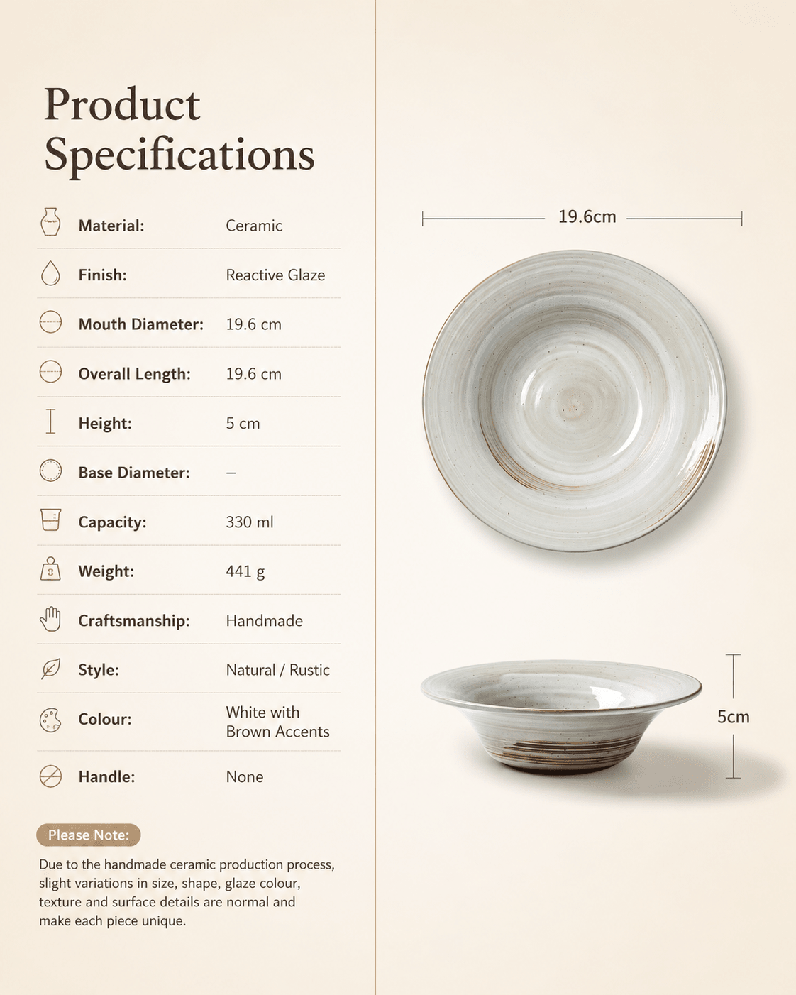 handmade-white-speckled-reactive-glaze-ceramic-pasta-bowl-specifications