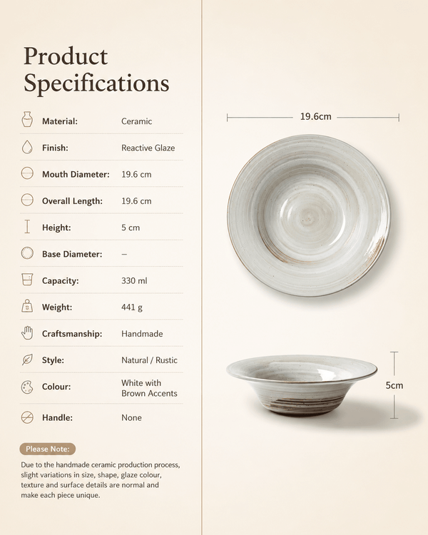 handmade-white-speckled-reactive-glaze-ceramic-pasta-bowl-specifications
