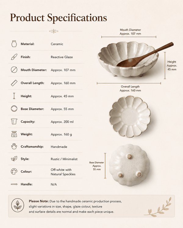 Handmade white speckled scalloped ceramic flower bowl product specifications and dimensions