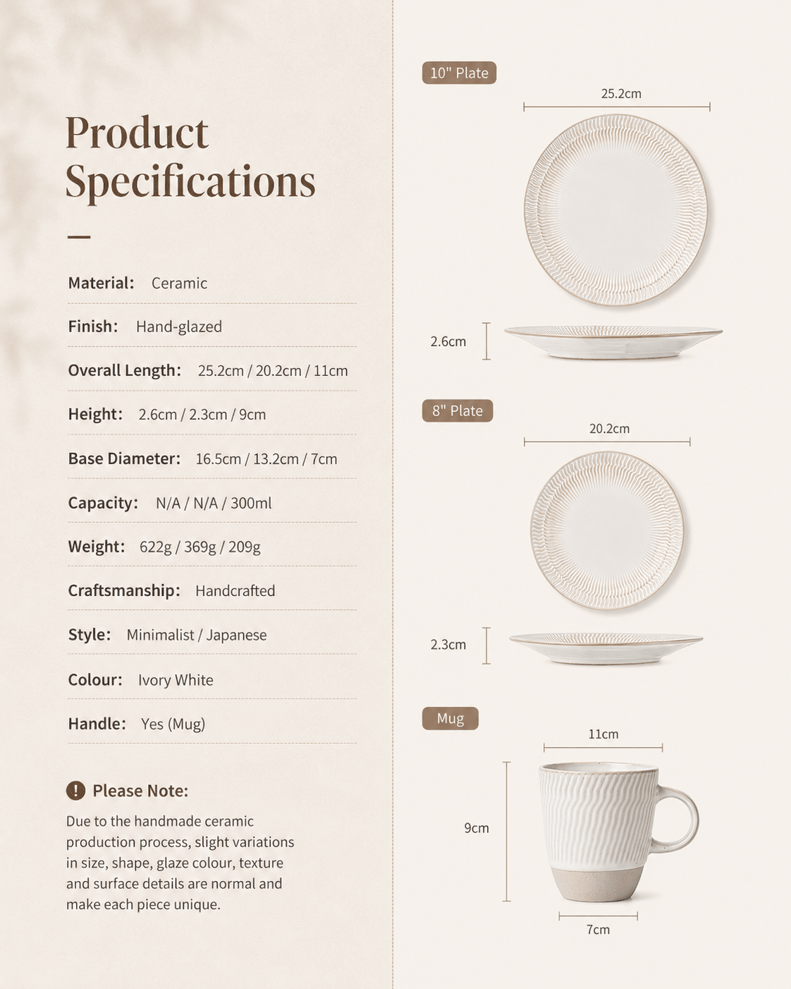 Size specifications for ivory white ceramic dinnerware set with 25.2cm dinner plate, 20.2cm side plate and 300ml mug