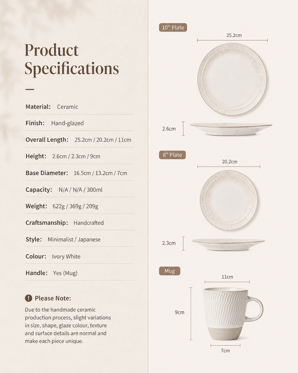 Size specifications for ivory white ceramic dinnerware set with 25.2cm dinner plate, 20.2cm side plate and 300ml mug