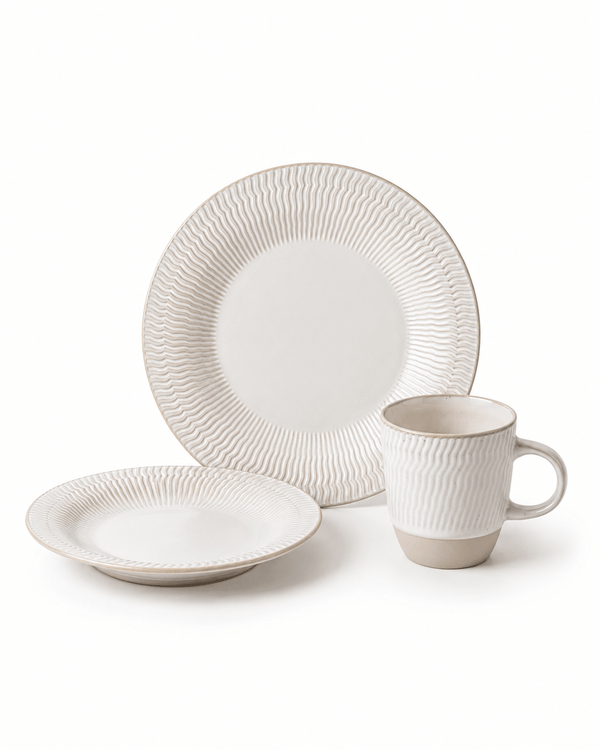 Ivory white textured ceramic dinnerware set with 10 inch dinner plate, 8 inch side plate and handled mug