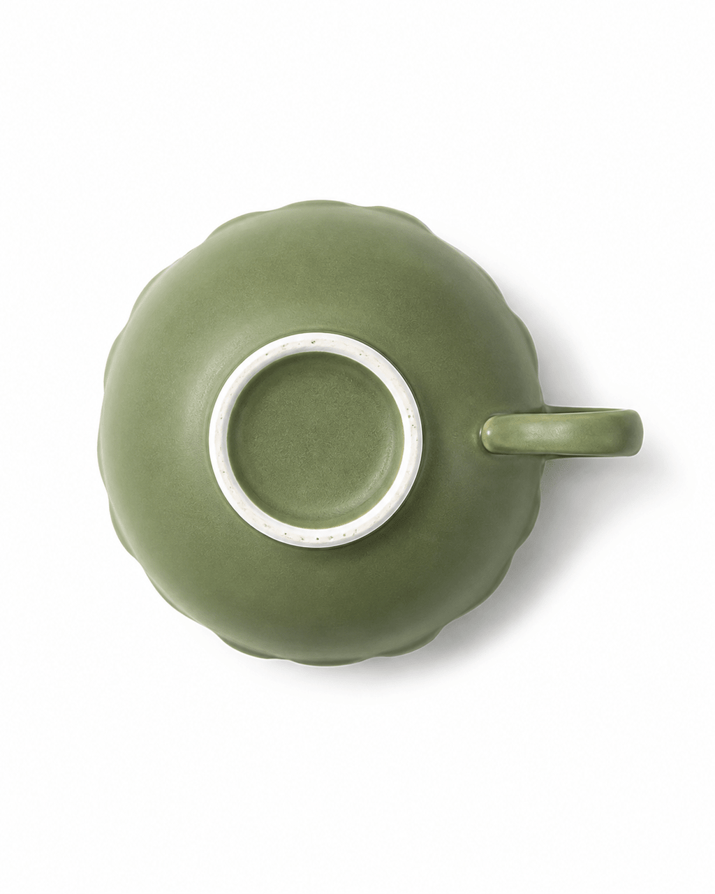 Bottom view of olive green handmade ceramic coffee cup showing unglazed foot ring and handle