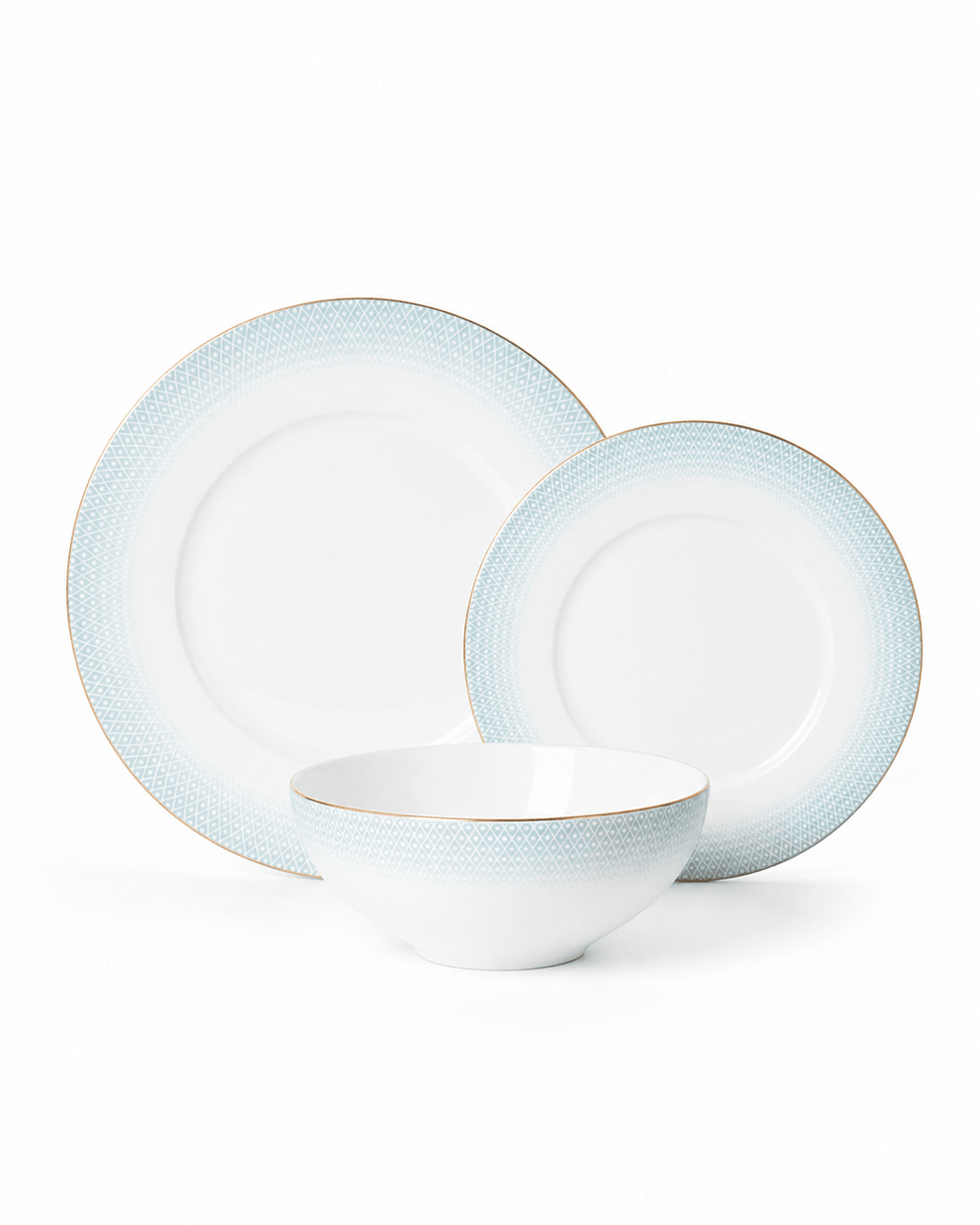 White textured fine bone china dinnerware set with dinner plate, side plate and bowl