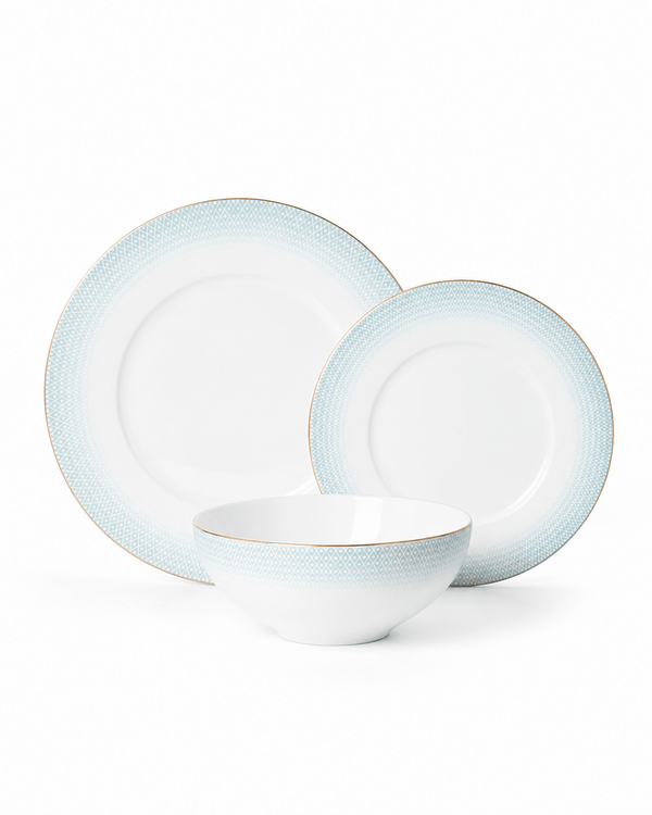 White textured fine bone china dinnerware set with dinner plate, side plate and bowl