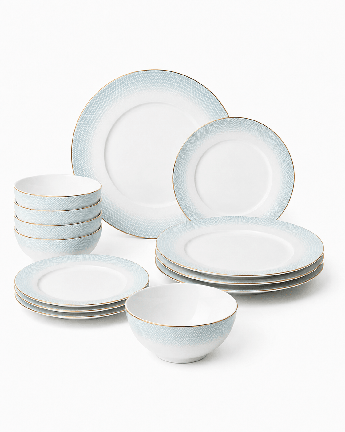 12 piece white textured fine bone china dinnerware set with four dinner plates, four side plates and four bowls
