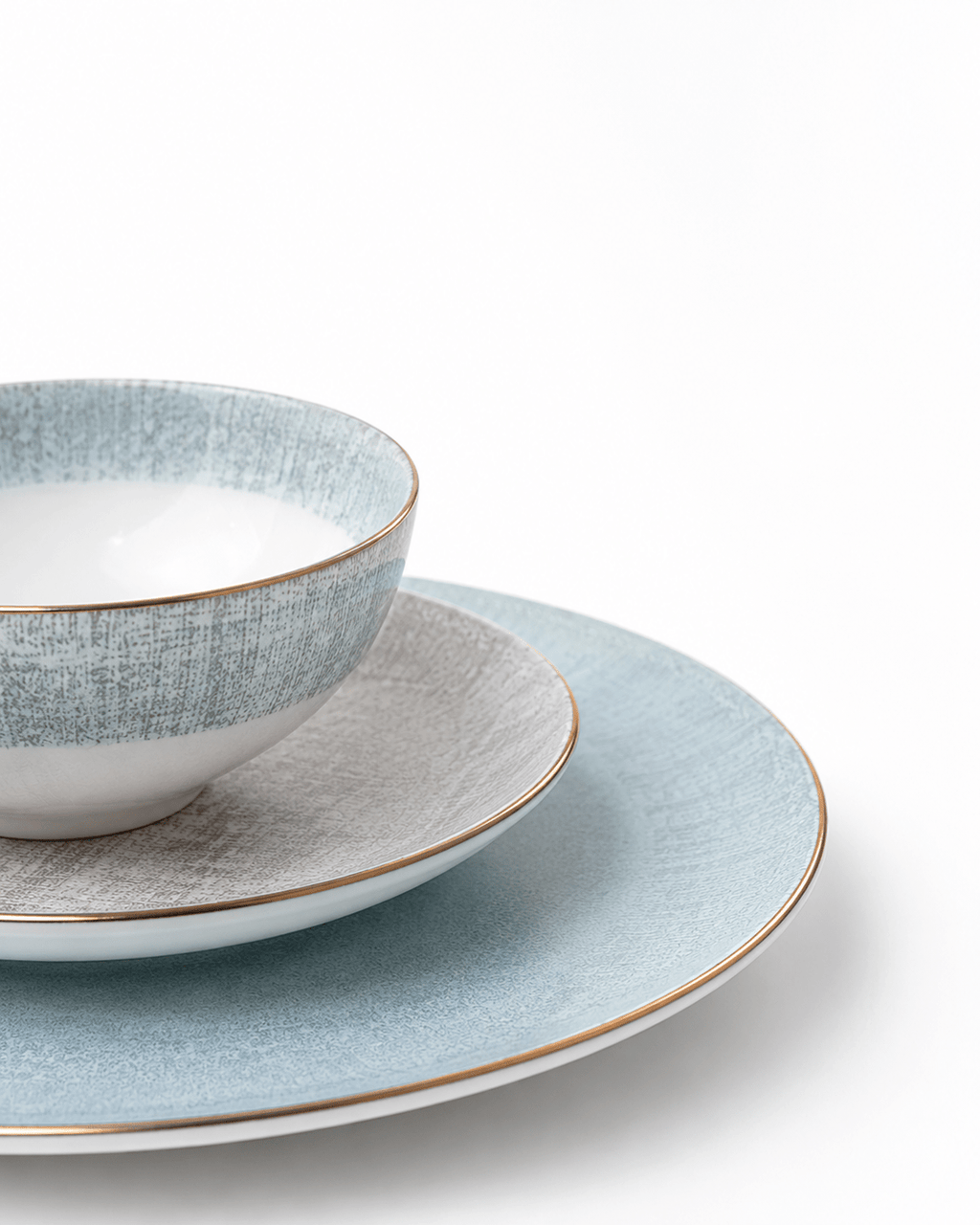 Product specifications and dimensions for pale blue and grey gold rim bone china dinnerware set