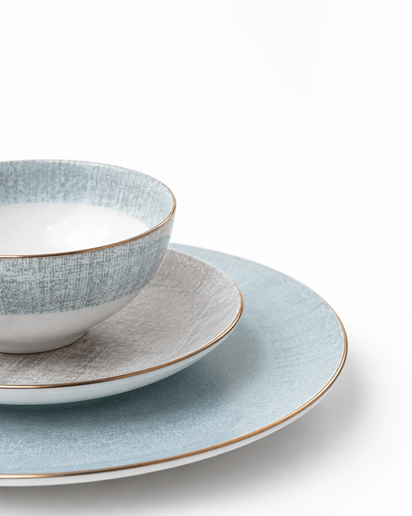 Product specifications and dimensions for pale blue and grey gold rim bone china dinnerware set