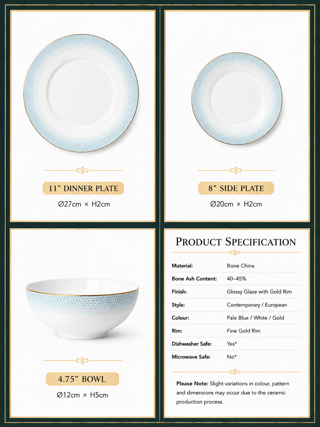 White textured fine bone china dinnerware set specifications with dinner plate, side plate and bowl dimensions