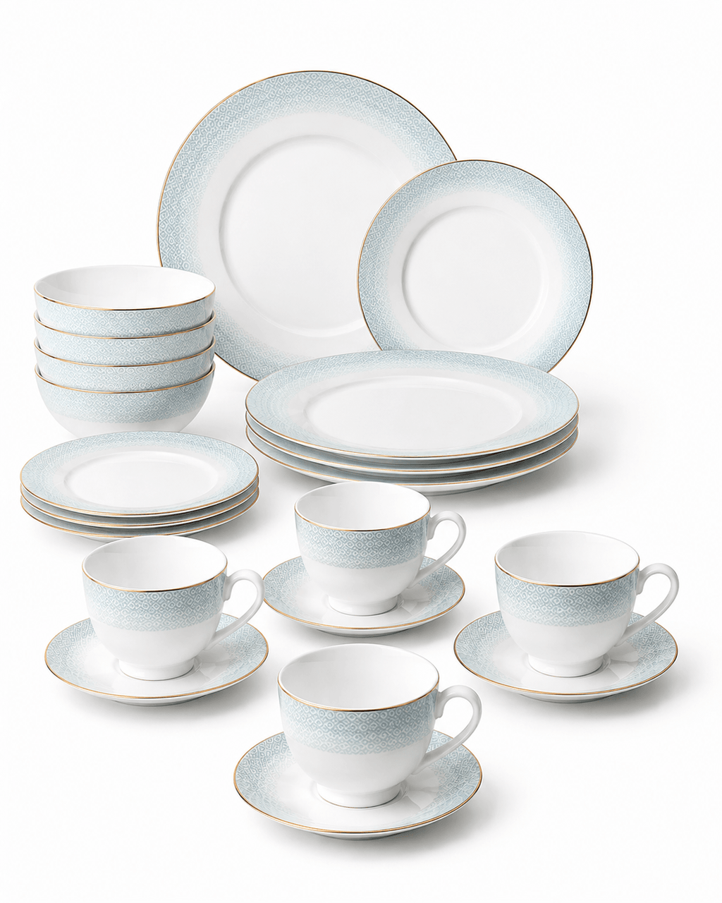 Pale Blue Geometric Bone China Dinnerware Set with Gold Rim