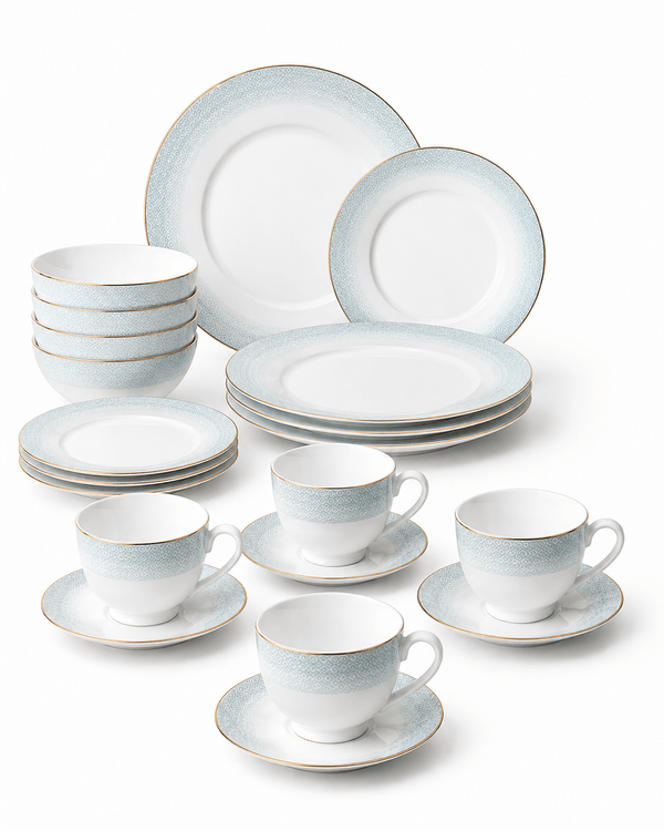 Pale Blue Geometric Bone China Dinnerware Set with Gold Rim