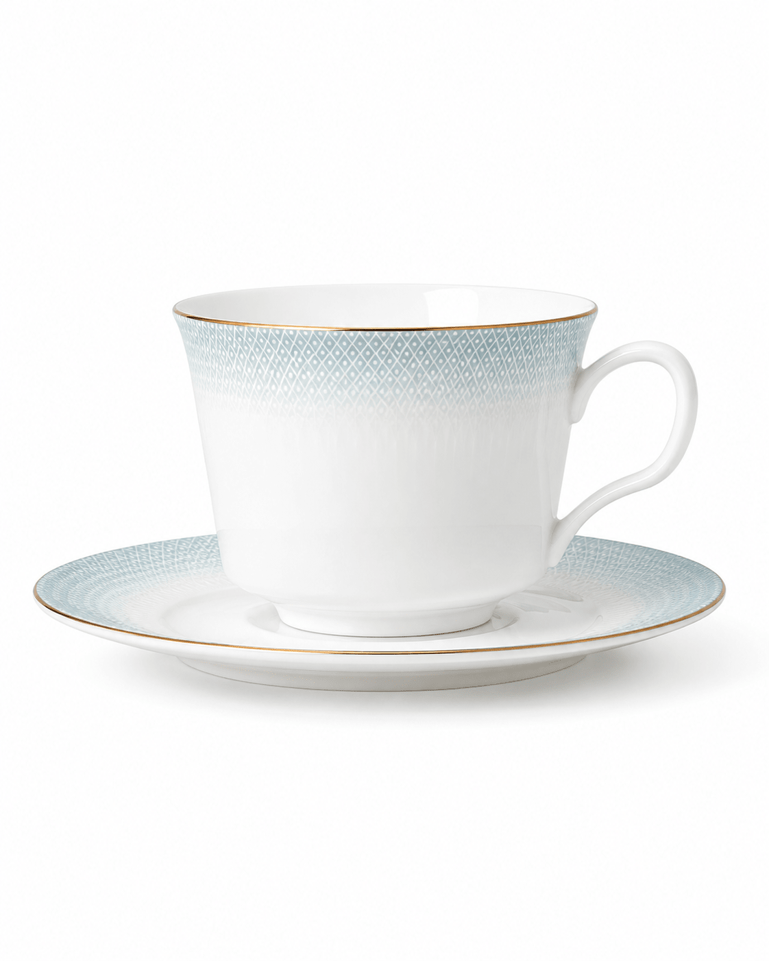 White textured fine bone china mug with subtle linear pattern and curved handle