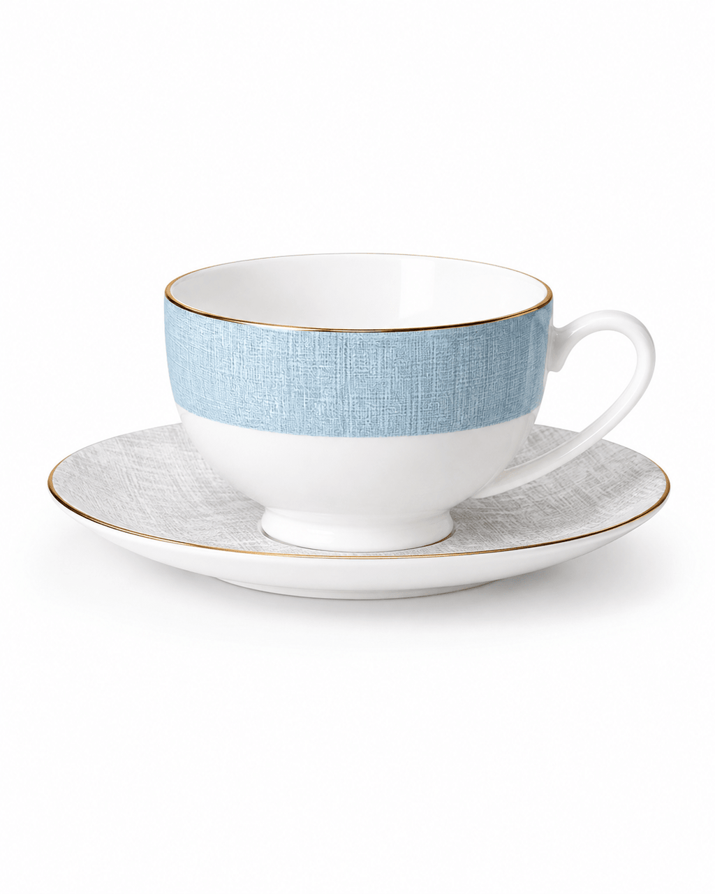 Pale blue and white bone china cup and saucer with textured grey pattern and fine gold rim