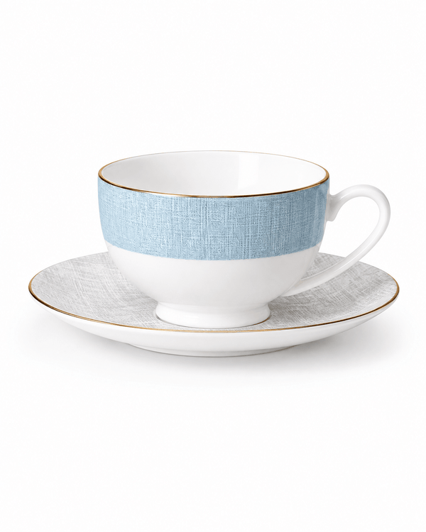 Pale blue and white bone china cup and saucer with textured grey pattern and fine gold rim