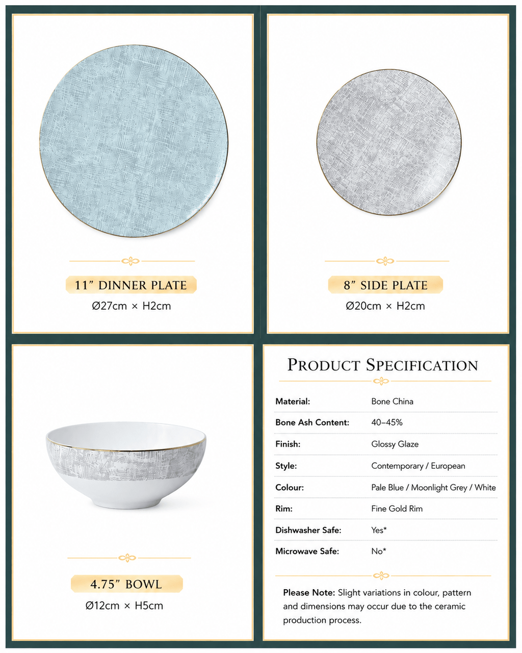 Product specifications and dimensions for pale blue and grey gold rim bone china dinnerware set