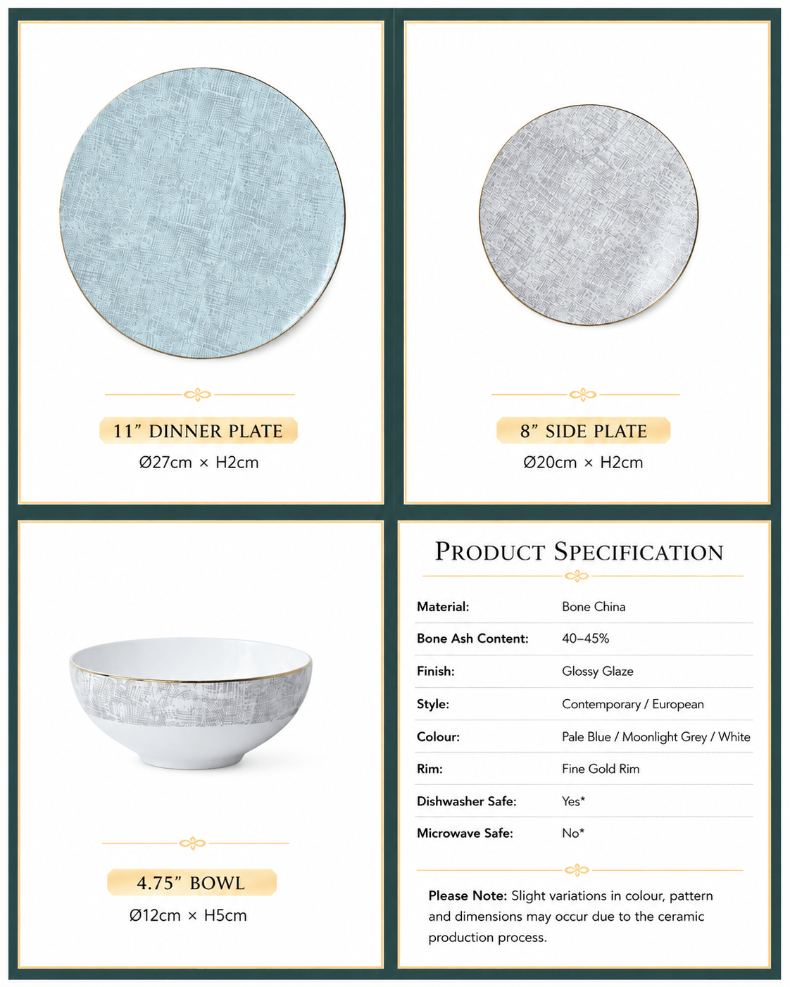 Product specifications and dimensions for pale blue and grey gold rim bone china dinnerware set