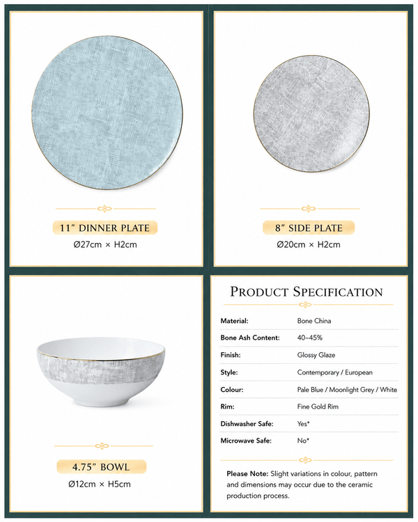 Product specifications and dimensions for pale blue and grey gold rim bone china dinnerware set