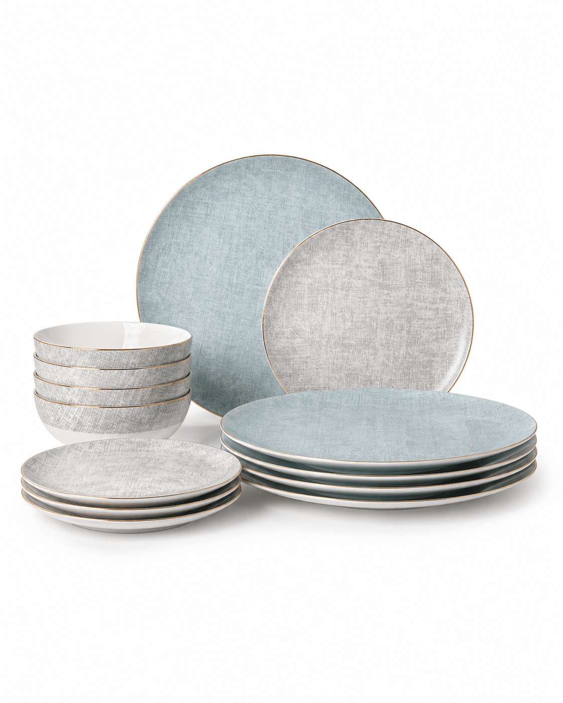 Pale blue and grey bone china dinnerware set with gold rim plates and bowls Main image