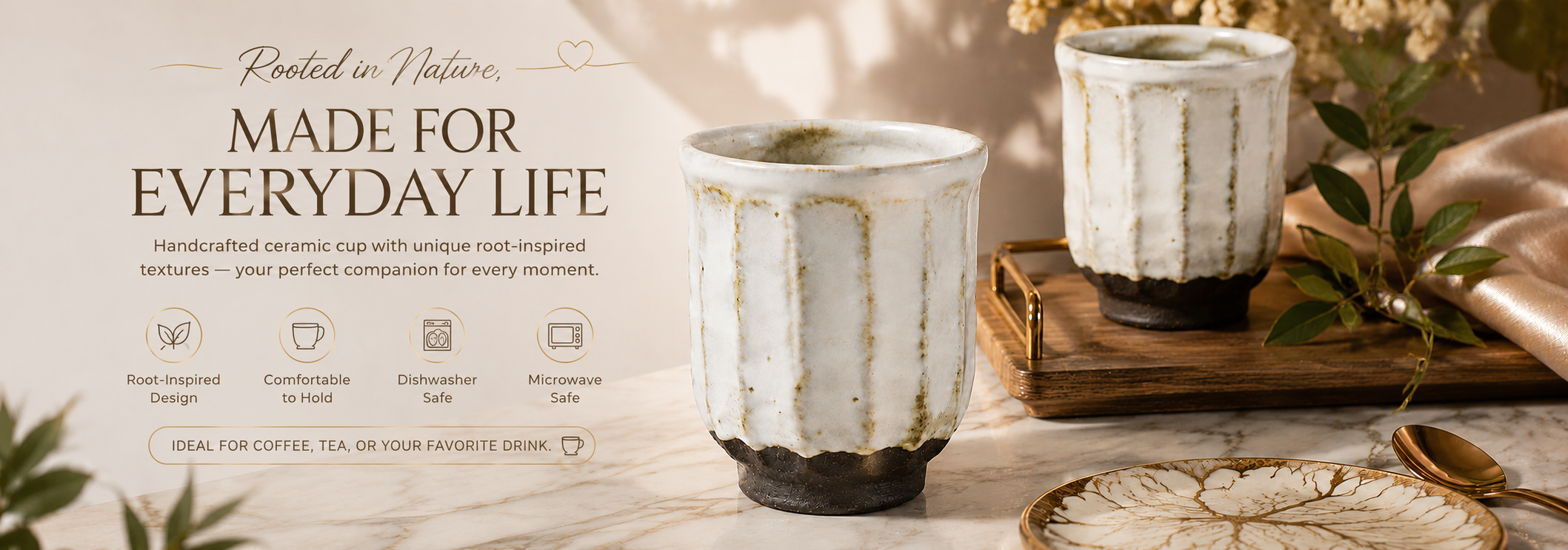 Two handmade ceramic cups with textured vertical ridges and a dark base, styled on a wooden tray with dried flowers and a plate on a marble surface. Text on the left reads 'Rooted in Nature.